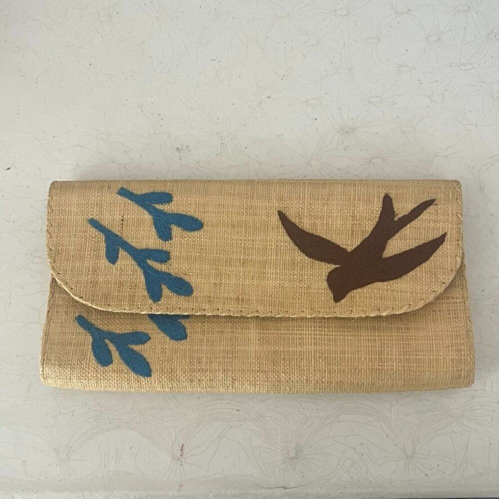 Mad Imports Clutch Handmade Madagascar Woven Straw Tan Embroidered Bird Leaf